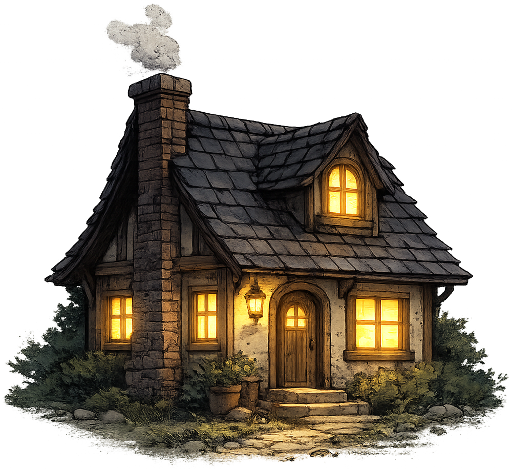 Welcoming cottage at dusk with warm lanterns lit