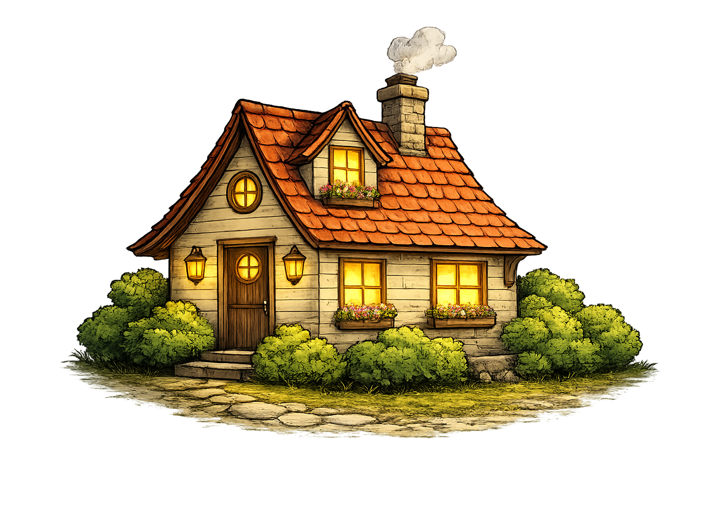 Welcoming cottage at dusk with warm lanterns lit