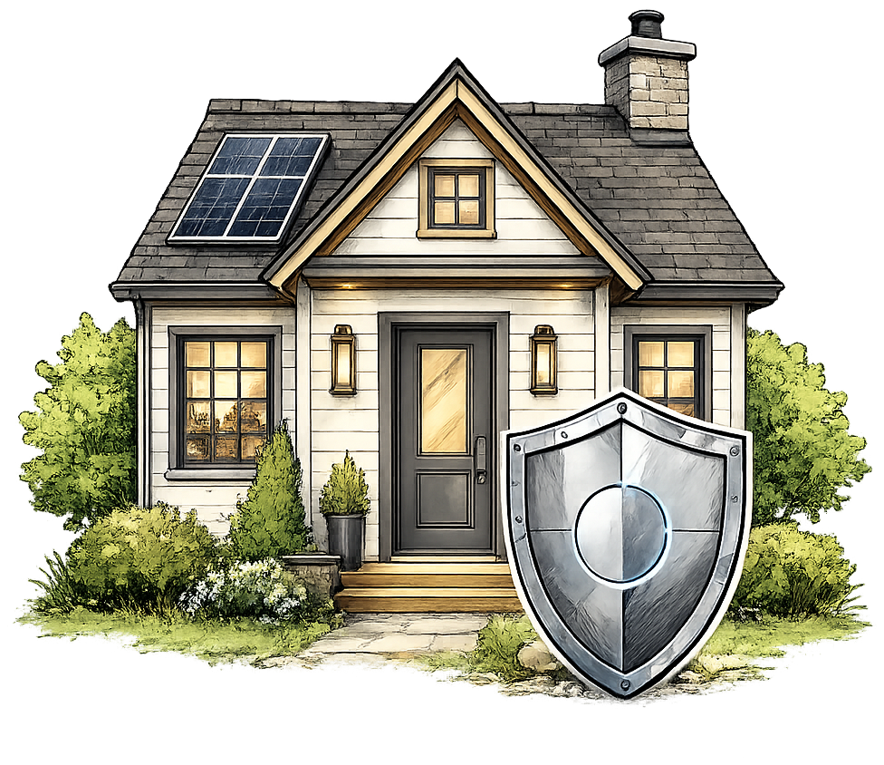 Cottage with shield and solar panel illustration representing Priority Care website protection