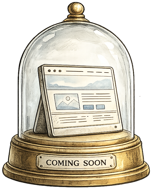 Pen and ink watercolor illustration of a glass display dome containing a stylized website mockup, with 'Coming Soon' engraved on the brass base